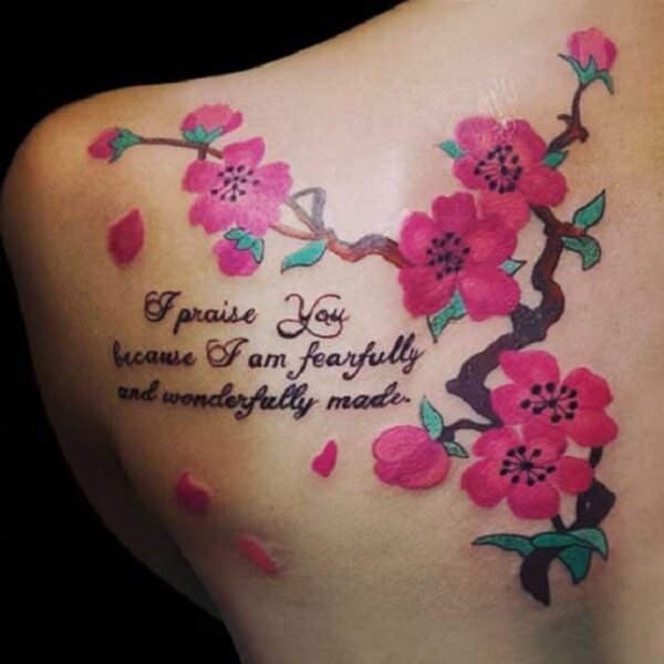 Best cherry blossom tattoo designs with this beautiful quote as if it wanted to convey a message from a girl's life experience. This is a record of the experience is to be conveyed to the cherry blossoms.